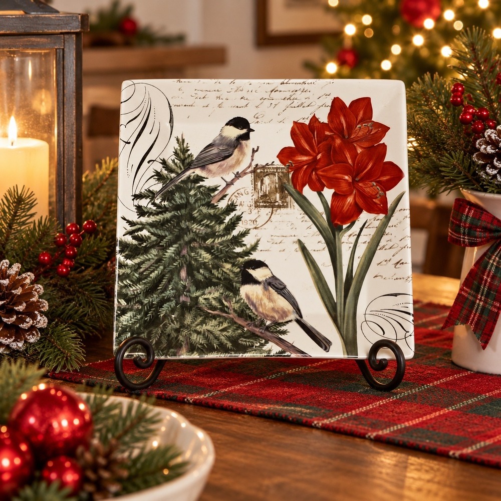 Grace Teaware Porcelain Square Plate Christmas Chickadee Amaryllis Holiday Party